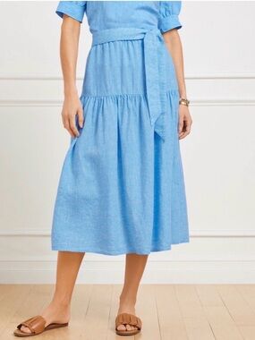 Talbots Light Blue Linen Tiered Midi Skirt with Waist Tie